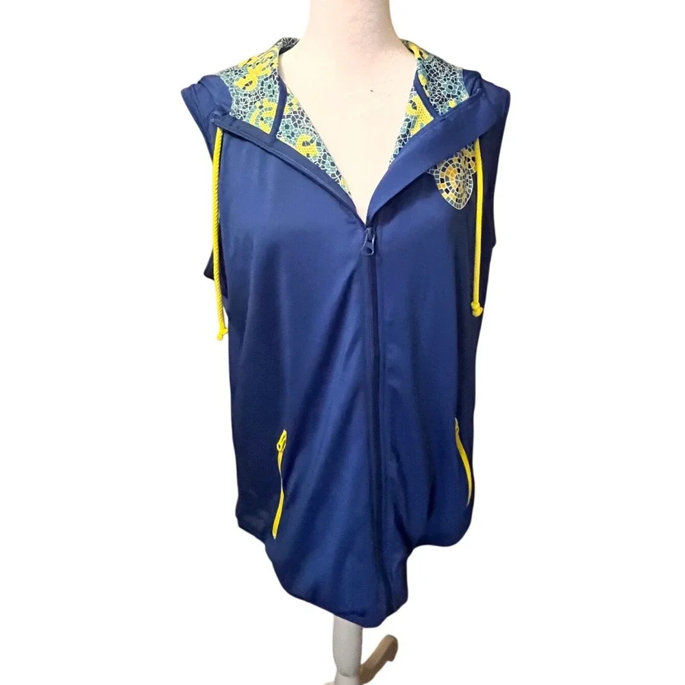 Disney Parks Mickey Mouse Mosaic Sleeveless Full Zip Hoodie Vest Blue Womens L